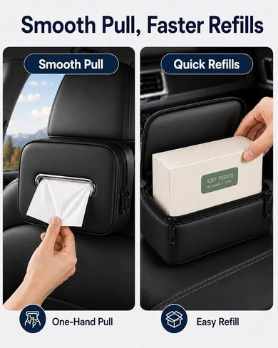 Leather Car Tissue Holder, Extra Large Tissue Holder for Car, Fits 120–230 Count Rectangular Tissue Boxes, Wider Opening for Easy Access, Dual Zipper for Headrest,Console,Seat Back in Kuwait