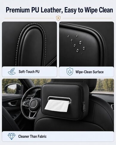 Leather Car Tissue Holder, Extra Large Tissue Holder for Car, Fits 120–230 Count Rectangular Tissue Boxes, Wider Opening for Easy Access, Dual Zipper for Headrest,Console,Seat Back in Kuwait