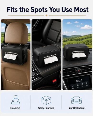 Leather Car Tissue Holder, Extra Large Tissue Holder for Car, Fits 120–230 Count Rectangular Tissue Boxes, Wider Opening for Easy Access, Dual Zipper for Headrest,Console,Seat Back in Kuwait
