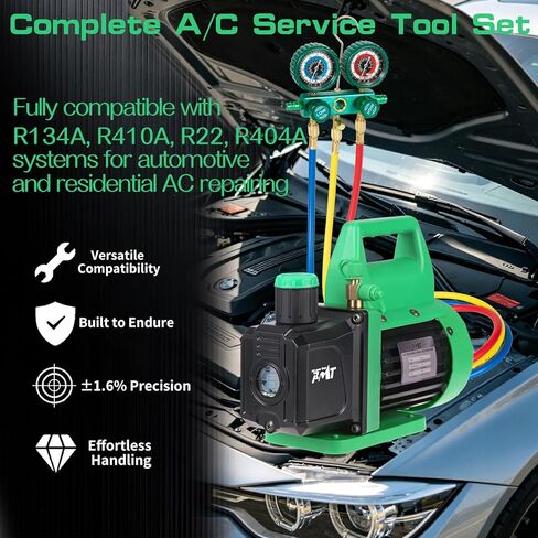 مجموعة مضخة تفريغ ومقياس PB Motor Tech، مضخة 4.5 CFM مع مقياس مشعب من الألومنيوم، وصلات سريعة، صنابير علبتين، محول 410، لمبردات R134A، R410A، R22، R404A وصيانة التيار المتردد (أخضر) in Kuwait