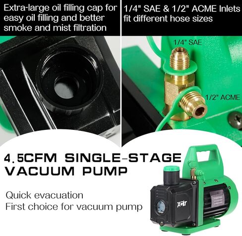 مجموعة مضخة تفريغ ومقياس PB Motor Tech، مضخة 4.5 CFM مع مقياس مشعب من الألومنيوم، وصلات سريعة، صنابير علبتين، محول 410، لمبردات R134A، R410A، R22، R404A وصيانة التيار المتردد (أخضر) in Kuwait