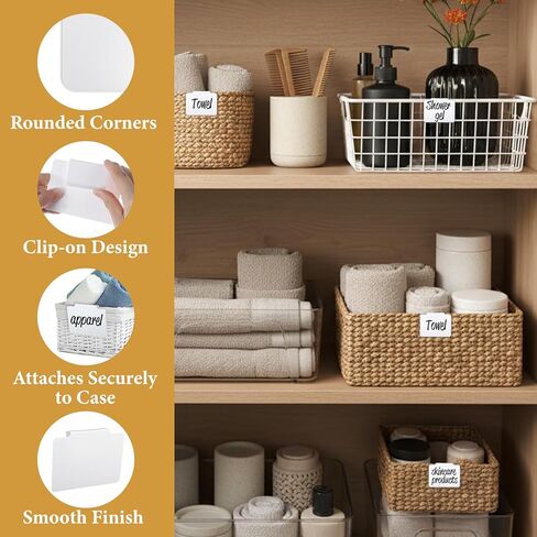 16Pcs White Clip-On Basket Labels, 3.5x2.5 Inch Removable PVC Labels with Holders for Storage Bins, Pantry & Closet Organization, Removable Label Holders in Kuwait