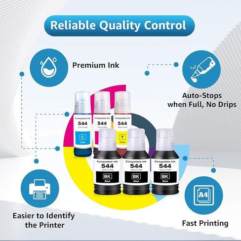 زجاجات إعادة تعبئة الحبر 544 متوافقة مع T544120 T544220 T544320 T544420 بديلة لـ L1210 L1250 L3110 L3150 L3160 L3210 L3250 L3251 L3260 L5290 L5590 (6 عبوات) in Kuwait