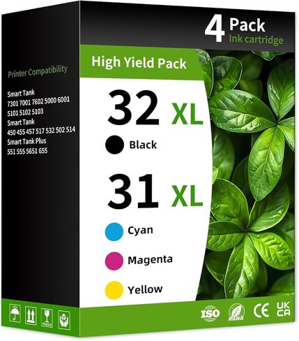 31 32XL مجموعة زجاجات الحبر القابلة لإعادة التعبئة لـ Hp 31 32XL مجموعة زجاجات الحبر المتوافقة مع Hp Smart Tank 7600 7602 7300 7301 7001 6001 5101 5100 5000 651 551 757 760 طابعة أسود سماوي أرجواني أصفر (4 عبوات) in Kuwait