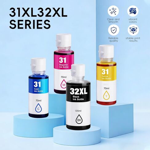 31 32XL مجموعة زجاجات الحبر القابلة لإعادة التعبئة لـ Hp 31 32XL مجموعة زجاجات الحبر المتوافقة مع Hp Smart Tank 7600 7602 7300 7301 7001 6001 5101 5100 5000 651 551 757 760 طابعة أسود سماوي أرجواني أصفر (4 عبوات) in Kuwait