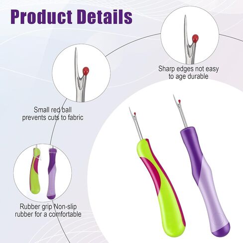 2 Pcs Seam Ripper, Ergonomic Stitch Ripper, Embroidery Removal Tool, Needlepoint Accessories for Hand Sewing, Knitting, Cross Stitching, Thread Cutter for Sewing Crafts (Purple + Green) in Kuwait