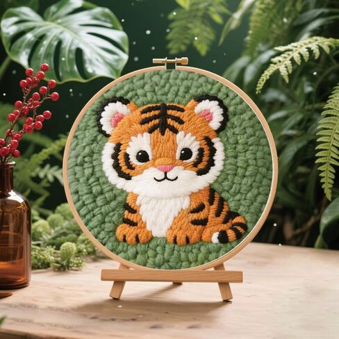 BEUNITONE Cute Tiger Punch Needle Kit for Adults Beginners, Complete DIY Craft Needlepoint Kits with Hoop, Punch Needle Starter Craft Embroidery Set for Festival Gift and Cloth Home Decor 20x20cm in Kuwait