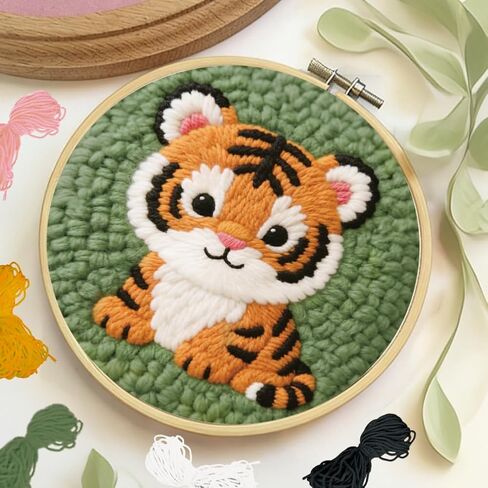 BEUNITONE Cute Tiger Punch Needle Kit for Adults Beginners, Complete DIY Craft Needlepoint Kits with Hoop, Punch Needle Starter Craft Embroidery Set for Festival Gift and Cloth Home Decor 20x20cm in Kuwait