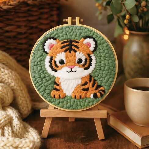 BEUNITONE Cute Tiger Punch Needle Kit for Adults Beginners, Complete DIY Craft Needlepoint Kits with Hoop, Punch Needle Starter Craft Embroidery Set for Festival Gift and Cloth Home Decor 20x20cm in Kuwait