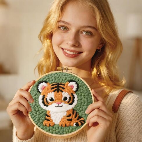 BEUNITONE Cute Tiger Punch Needle Kit for Adults Beginners, Complete DIY Craft Needlepoint Kits with Hoop, Punch Needle Starter Craft Embroidery Set for Festival Gift and Cloth Home Decor 20x20cm in Kuwait