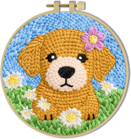 Punch Needle Kit for Beginners: Adorable Golden Retriever Puppy DIY Embroidery Craft Set | All-in-One Starter Kit with Hoop, Fabric & Yarn | Easy Gift & Home Decor for Adults & Kids (20x20cm) in Kuwait