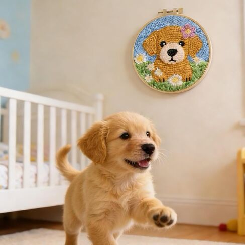 Punch Needle Kit for Beginners: Adorable Golden Retriever Puppy DIY Embroidery Craft Set | All-in-One Starter Kit with Hoop, Fabric & Yarn | Easy Gift & Home Decor for Adults & Kids (20x20cm) in Kuwait