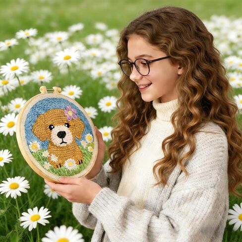 Punch Needle Kit for Beginners: Adorable Golden Retriever Puppy DIY Embroidery Craft Set | All-in-One Starter Kit with Hoop, Fabric & Yarn | Easy Gift & Home Decor for Adults & Kids (20x20cm) in Kuwait