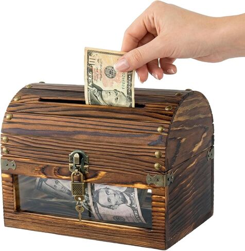 MyGift Tip Collector Jar with Clear Acrylic Front Panel and Locking Lid with Key, Donation Box for Fundraising, Suggestion Box with Slot & Lock, Vintage Chest-Style Burnt Wood in Kuwait