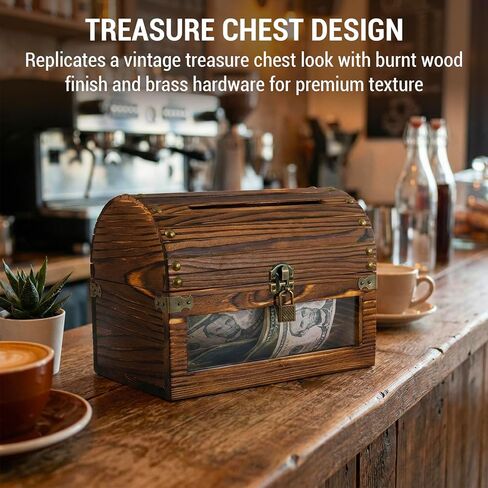 MyGift Tip Collector Jar with Clear Acrylic Front Panel and Locking Lid with Key, Donation Box for Fundraising, Suggestion Box with Slot & Lock, Vintage Chest-Style Burnt Wood in Kuwait