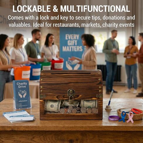 MyGift Tip Collector Jar with Clear Acrylic Front Panel and Locking Lid with Key, Donation Box for Fundraising, Suggestion Box with Slot & Lock, Vintage Chest-Style Burnt Wood in Kuwait