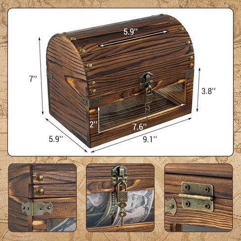 MyGift Tip Collector Jar with Clear Acrylic Front Panel and Locking Lid with Key, Donation Box for Fundraising, Suggestion Box with Slot & Lock, Vintage Chest-Style Burnt Wood in Kuwait