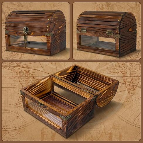 MyGift Tip Collector Jar with Clear Acrylic Front Panel and Locking Lid with Key, Donation Box for Fundraising, Suggestion Box with Slot & Lock, Vintage Chest-Style Burnt Wood in Kuwait