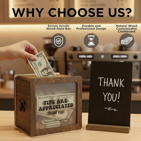 Tip Jar Acrylic Wooden Money with Slot and Secure - Clear Acrylic for Fundraising, Raffle, Suggestion and Donation Box - Tip Box for Extra and A little something Tips in Kuwait