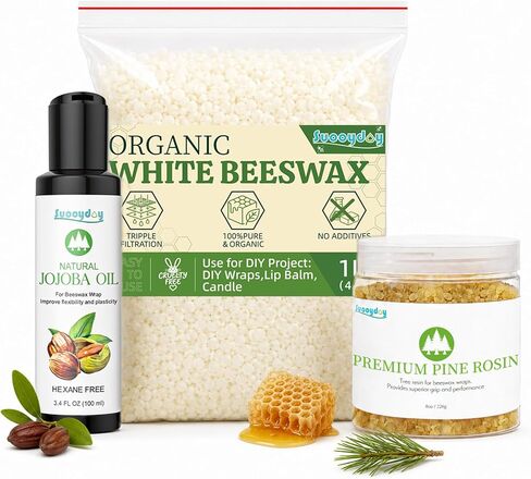 Suooydoy Beeswax Wrap DIY Kit – 1 lb White Beeswax Pellets, 8 oz Pine Resin & 3.4 fl oz Jojoba Oil, Natural Pine Rosin Ingredients for Reusable Food Wraps, Candle Making & DIY Crafts in Kuwait