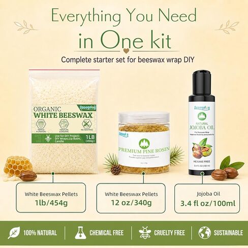 Suooydoy Beeswax Wrap DIY Kit – 1 lb White Beeswax Pellets, 8 oz Pine Resin & 3.4 fl oz Jojoba Oil, Natural Pine Rosin Ingredients for Reusable Food Wraps, Candle Making & DIY Crafts in Kuwait