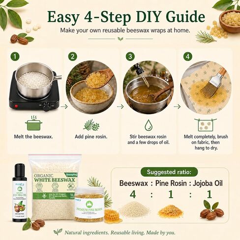 Suooydoy Beeswax Wrap DIY Kit – 1 lb White Beeswax Pellets, 8 oz Pine Resin & 3.4 fl oz Jojoba Oil, Natural Pine Rosin Ingredients for Reusable Food Wraps, Candle Making & DIY Crafts in Kuwait