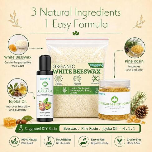 Suooydoy Beeswax Wrap DIY Kit – 1 lb White Beeswax Pellets, 8 oz Pine Resin & 3.4 fl oz Jojoba Oil, Natural Pine Rosin Ingredients for Reusable Food Wraps, Candle Making & DIY Crafts in Kuwait