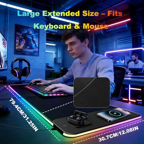 لوحة ماوس الألعاب RGB شحن لاسلكي XXL حصيرة مكتبية للوحة المفاتيح 15 وات شاحن سريع 11 وضع إضاءة LED وسادات مكتبية كبيرة غير قابلة للانزلاق على أعلى المكاتب in Kuwait