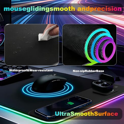 لوحة ماوس الألعاب RGB شحن لاسلكي XXL حصيرة مكتبية للوحة المفاتيح 15 وات شاحن سريع 11 وضع إضاءة LED وسادات مكتبية كبيرة غير قابلة للانزلاق على أعلى المكاتب in Kuwait