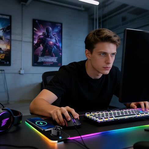 لوحة ماوس الألعاب RGB شحن لاسلكي XXL حصيرة مكتبية للوحة المفاتيح 15 وات شاحن سريع 11 وضع إضاءة LED وسادات مكتبية كبيرة غير قابلة للانزلاق على أعلى المكاتب in Kuwait