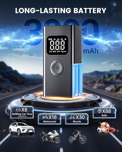 ضاغط هواء محمول، مضخة هواء 150 رطل لكل بوصة مربعة لإطارات السيارات - مضخة إطارات أسرع 3 مرات لسيارات الدفع الرباعي والدراجات النارية والكرات والدراجات، مقياس ضغط رقمي مدمج، ضوء تحذير LED للطوارئ in Kuwait