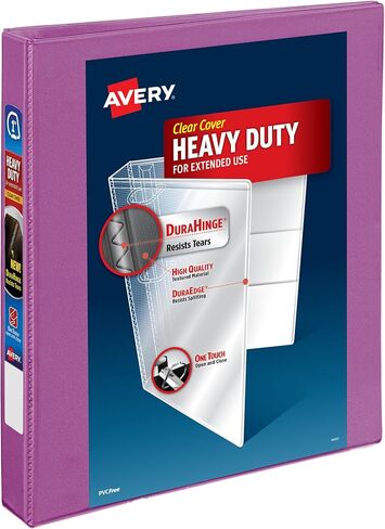 غلاف Avery عالي التحمل ذو 3 حلقات، حلقات مائلة بلمسة واحدة 1 بوصة، سعة 250 ورقة، DuraHinge، عمود فقري عريض 1.4 بوصة، غطاء شفاف قابل للتخصيص وعمود الفقري، 1 غلاف أرجواني أوركيد (79449) in Kuwait