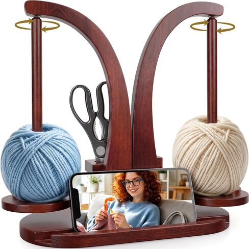 Wooden Yarn Holder for Crocheting and Knitting, Yarn Spinner with Double Magnetic Spindle and Phone Stand, Perfect for Crocheting and Knitting Lovers in Kuwait