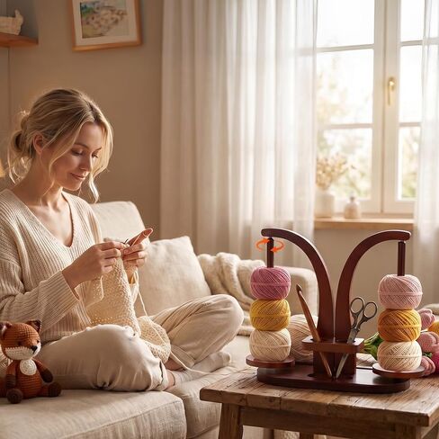 Wooden Yarn Holder for Crocheting and Knitting, Yarn Spinner with Double Magnetic Spindle and Phone Stand, Perfect for Crocheting and Knitting Lovers in Kuwait
