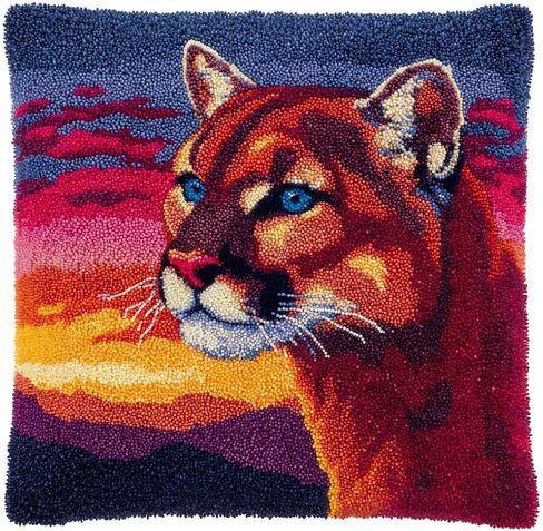 DIY Latch Hook Pillow Kit Animal Cougar and Sunset Easy for Beginners with Pattern DIY Crochet Craft Kit Pillowcase Cushion for Home Decor 43x43cm-4 in Kuwait