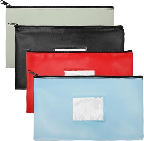 4 Pack PU Leather Money Bags with Zipper, Bank Deposit Cash Pouches for Coins, Bills, Checks, Invoices, Cosmetics, Tools, Includes 4 Colors (11 x 6 Inches) in Kuwait