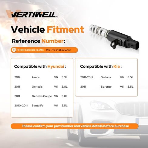 Pack of 1 VVT Variable Valve Timing Solenoid Intake Oil Control Valve Compatible with Hyundai Santa Fe Genesis Coupe Azera Kia Sedona 3.3L 3.5L V6 2010 2011 2012 Replaces 916-713 243553CAA1 in Saudi Arabia
