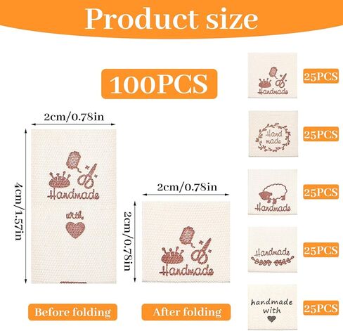 100 Pcs Sewing Labels for Handmade, 5 Style Fabric Labels Cotton Sewing Tags Handmade with Love Label for Clothing Personalized DIY Crafts Knitting Crocheting in Kuwait