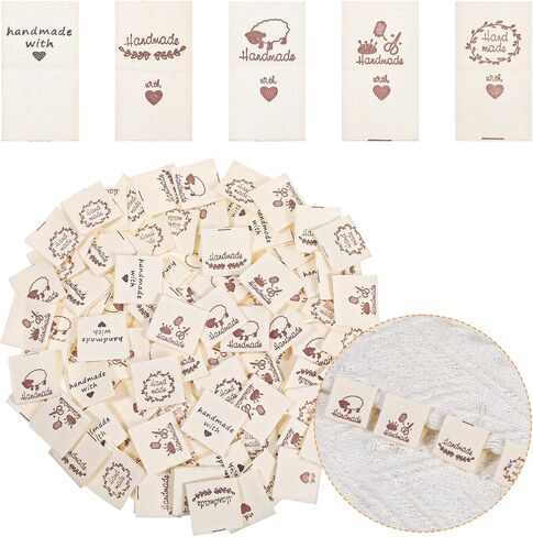 100 Pcs Sewing Labels for Handmade, 5 Style Fabric Labels Cotton Sewing Tags Handmade with Love Label for Clothing Personalized DIY Crafts Knitting Crocheting in Kuwait