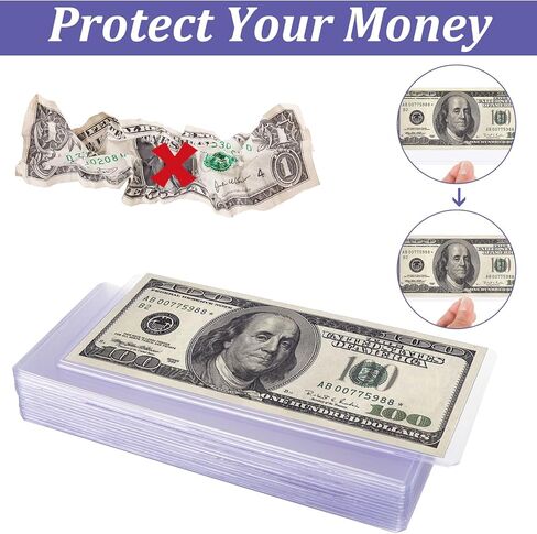 ABuff 100 Pack Hard Plastic Currency Sleeves, Clear PVC Money Holder Dollar Bill Sleeves Waterproof Banknotes Top-Insert Holders for Regular Bills Protector Storage Cases Collectors, 6.8 x 2.9 Inch in Kuwait