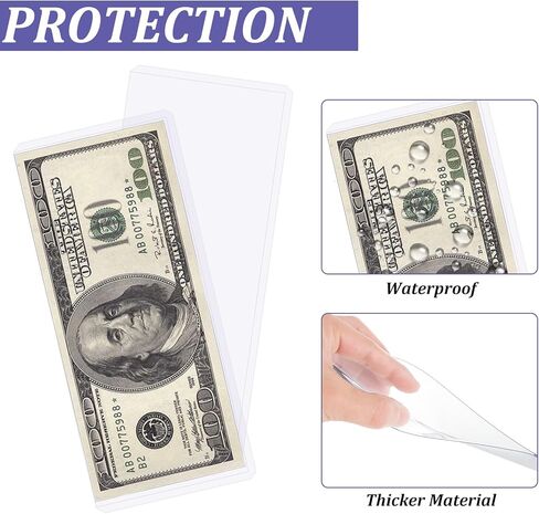 ABuff 100 Pack Hard Plastic Currency Sleeves, Clear PVC Money Holder Dollar Bill Sleeves Waterproof Banknotes Top-Insert Holders for Regular Bills Protector Storage Cases Collectors, 6.8 x 2.9 Inch in Kuwait