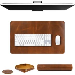 Elizo Real Leather Desk Mat Set (24X14) Large Desk Cover Desk Blotter Protector Computer Gaming Mouse Pad Table Laptop Office Desktop Accessories Cognac in Kuwait