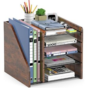 Desktop Storage with File Rack, 5-Layer Paper Letter Tray Storage, mesh Desktop Storage, and Storage Device with Office Supplies and Magazine Rack-Wood Grain in Saudi Arabia