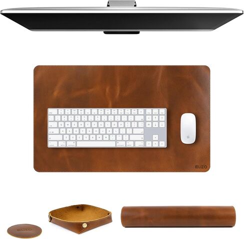 Elizo Real Leather Desk Mat Set (24X14) Large Desk Cover Desk Blotter Protector Computer Gaming Mouse Pad Table Laptop Office Desktop Accessories Cognac in Kuwait