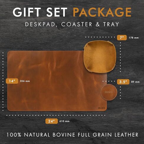 Elizo Real Leather Desk Mat Set (24X14) Large Desk Cover Desk Blotter Protector Computer Gaming Mouse Pad Table Laptop Office Desktop Accessories Cognac in Kuwait