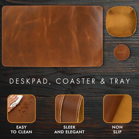 Elizo Real Leather Desk Mat Set (24X14) Large Desk Cover Desk Blotter Protector Computer Gaming Mouse Pad Table Laptop Office Desktop Accessories Cognac in Kuwait