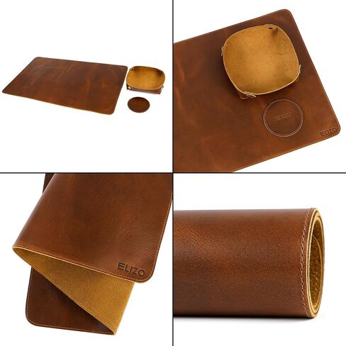Elizo Real Leather Desk Mat Set (24X14) Large Desk Cover Desk Blotter Protector Computer Gaming Mouse Pad Table Laptop Office Desktop Accessories Cognac in Kuwait