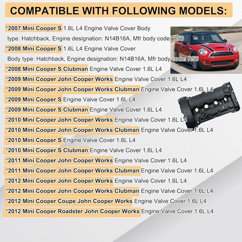 طقم غطاء صمام المحرك مع الحشيات والأختام المتوافقة مع 2007-2012 Mini Cooper S & JCW (R55، R56، R57، R60) | يناسب محرك توربو N14 سعة 1.6 لتر | يستبدل عمر الفاروق # 11127646555، 11127561714 in Kuwait