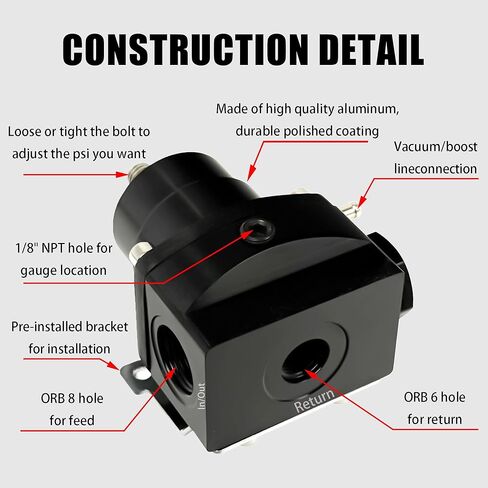 طقم منظم ضغط الوقود EFI قابل للتعديل مع منفذ تغذية AN8 ومنفذ إرجاع AN6 (3-70PSI)، أسود in Kuwait