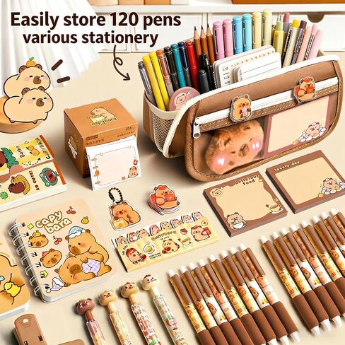 Cute Capybara Pencil Case, Kawaii Pouch Stationery Set, Stationery Pouch Set with Plush Brooch, Pens, Sticky Notes, Keychain, Stickers, whiteout Correction Tape, Large Capacity Multi-layers Pen Case in Kuwait